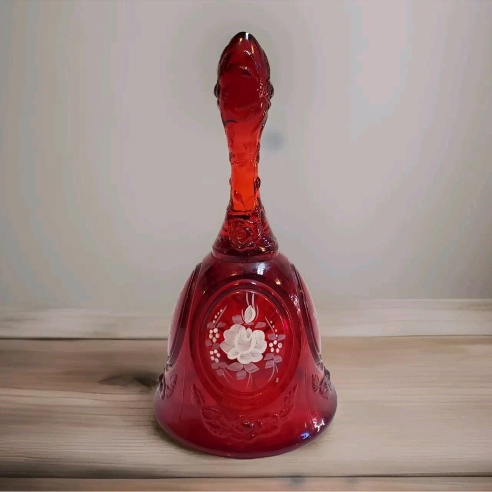 Fenton Amberina Ruby Red Glass Bell Hand Painted Signed Cadmium UV Glow